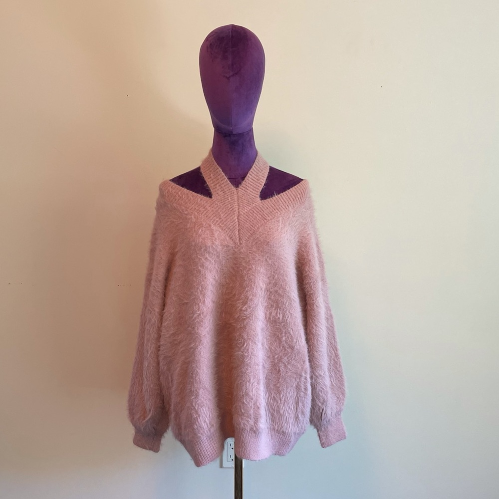 Oversize off-shoulder Pink fuzzy dress sweater